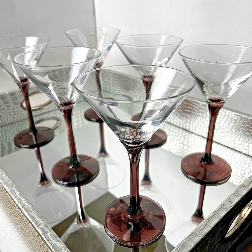 Vintage‎ Libbey Domaine Purple Martini Glasses 6pc Set Amethyst Petal Stem